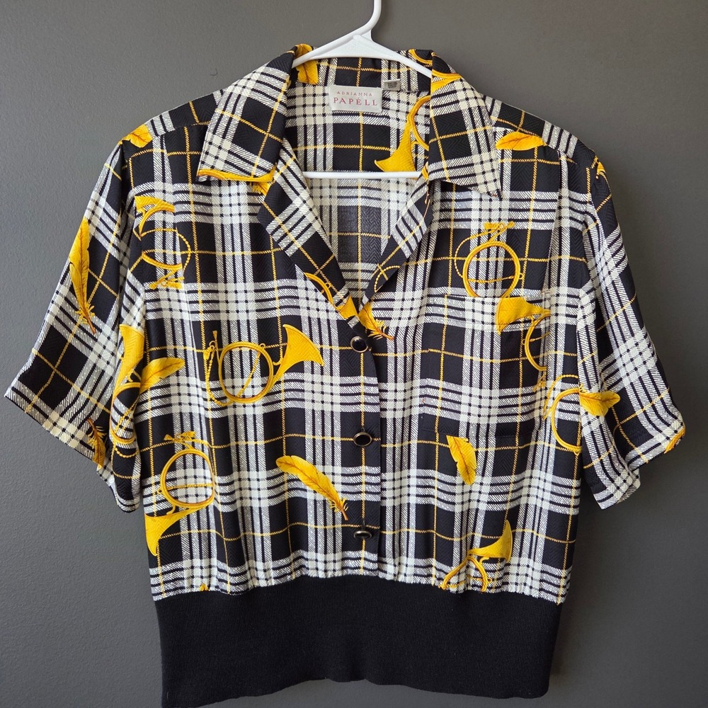 Adrianna‎ Papell Vintage 100% Silk Wool Plaid Horn Print 2 Piece Skirt Set Sz 10 - Picture 2 of 12